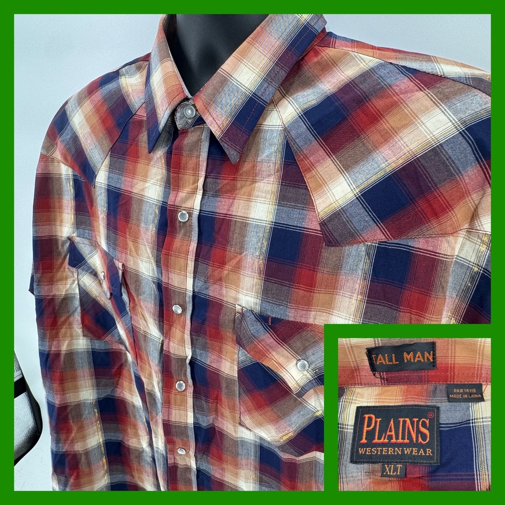 Plains Western Wear Tall Man Plaid‎ Western Shirt XLT Long Sleeve Mens